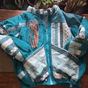 Vibrant Teal Patchwork Bomber Jacket